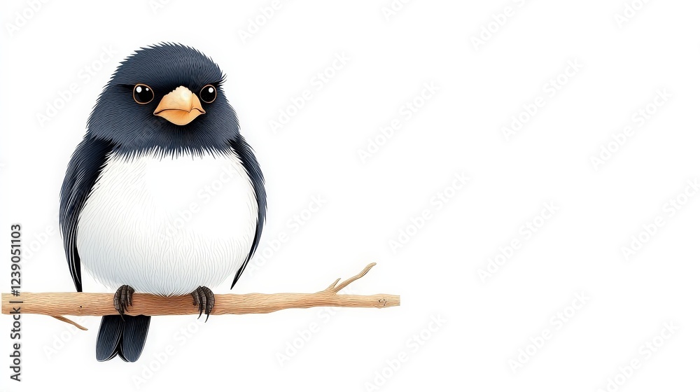 Fototapeta premium Charming Cartoon Bird Sitting on a Branch with Bright Blue and White Feathers
