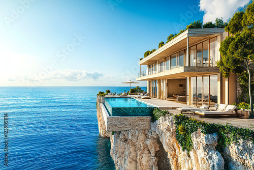 Luxury Poolside Lounge Overlooking a Turquoise Sea on a Tropical Island photo