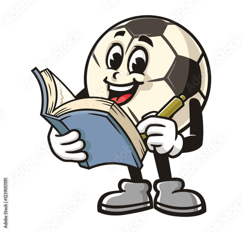 Cartoon mascot character of Football or Soccer ball with book