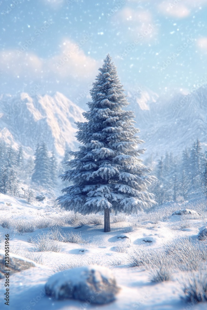 Obraz premium Winter Scene with Snow-Covered Pine Tree