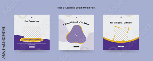 Colorful Online Kids Learning Course Social Media Post Template, Kids Education Banner Design for E-Learning Platforms. Colorful Kids E-Learning Social Media Post Kit