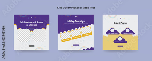 Colorful Online Kids Learning Course Social Media Post Template, Kids Education Banner Design for E-Learning Platforms. Colorful Kids E-Learning Social Media Post Kit