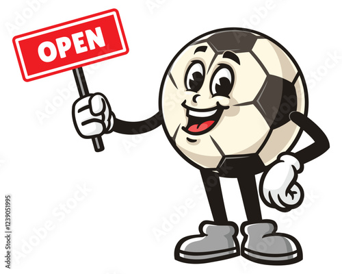 Cartoon mascot character of Football or Soccer ball holding open sign