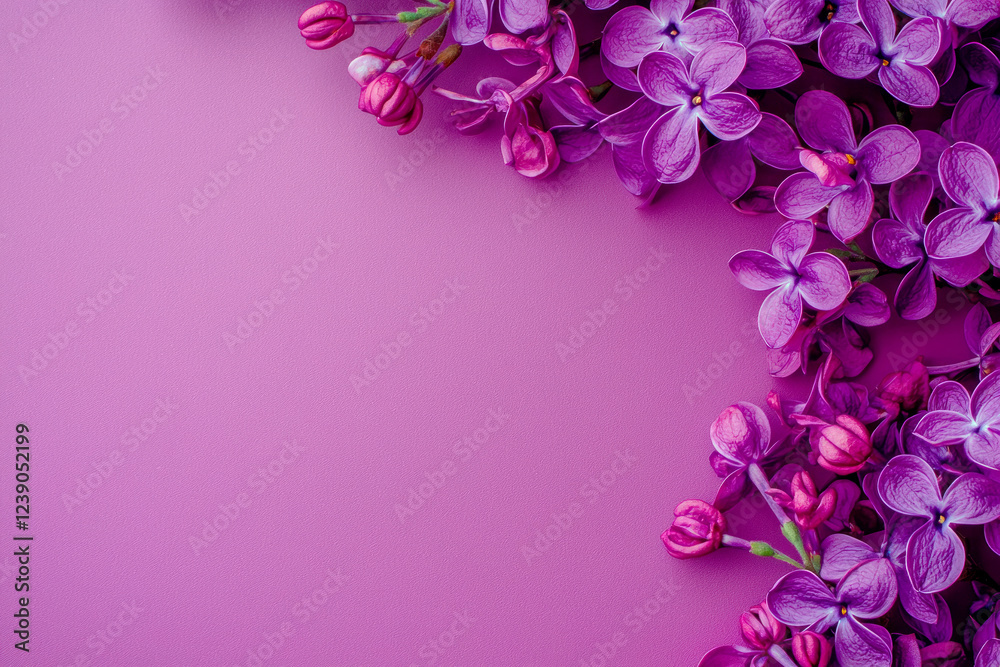 Fototapeta premium Purple lilac flowers on pink background, copy space. Spring, summer concept.