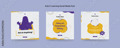 Colorful Online Kids Learning Course Social Media Post Template, Kids Education Banner Design for E-Learning Platforms. Colorful Kids E-Learning Social Media Post Kit