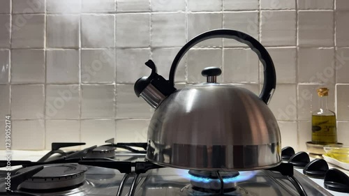 Una tetera de acero inoxidable con agua hirviendo  expulsando vapor caliente y pitando en una cocina de fuego de gas butano