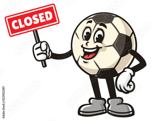 Cartoon mascot character of Football or Soccer ball holding closed sign 