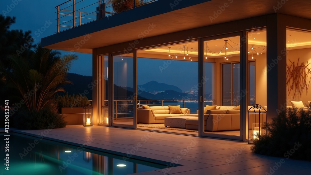 Fototapeta premium Coastal design of modern Balcony at night, cinematic photography