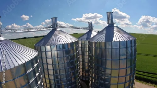 Aerial Footage of Grain Silos Surrounded by Lush Green Fields