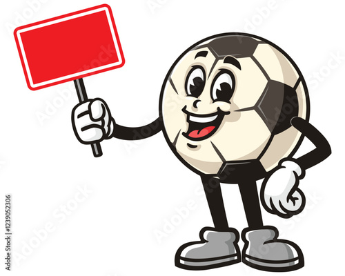 Cartoon mascot character of Football or Soccer ball holding blank signboard