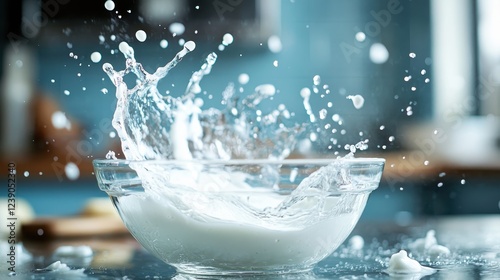 A visually striking image showcasing a dramatic splash of milk as it collides with a glass bowl, capturing the moment of impact and the beauty of fluid dynamics. photo