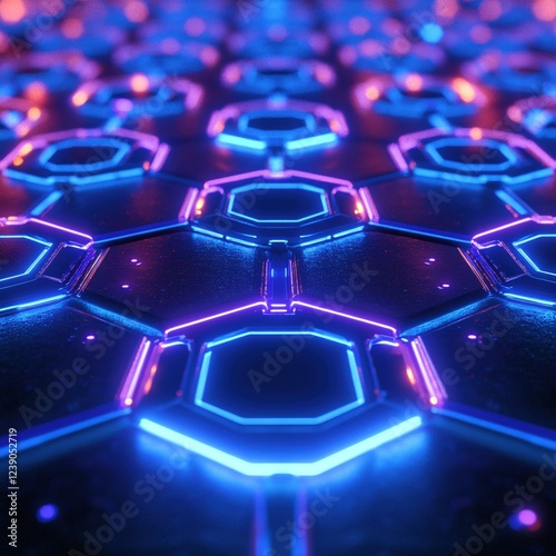 Abstract futuristic surface with glowing neon blue and purple lines and hexagonal shapes photo