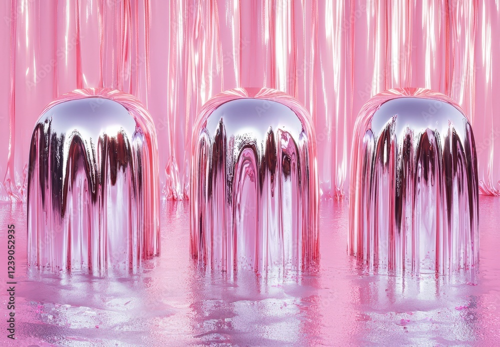 Obraz premium Reflective Metallic Forms with Pink Background and Sheen Effect