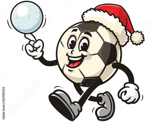 Cartoon mascot character of Football or Soccer playing snowballs and wearing a christmas hat