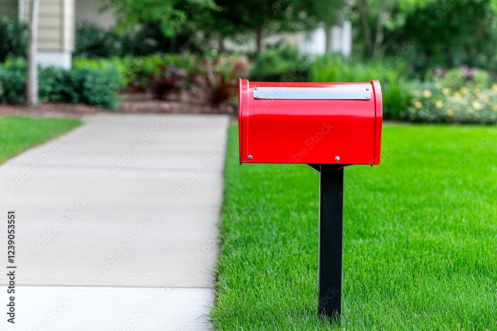 Red Mailbox on Green Lawn - A vibrant red mailbox stands on a black post next to a sidewalk, surrounded by a lush green lawn. Red Mailbox on Green Lawn - A vibrant red mailbox stands on a black post next to a sidewalk, surrounded by a lush green lawn.
