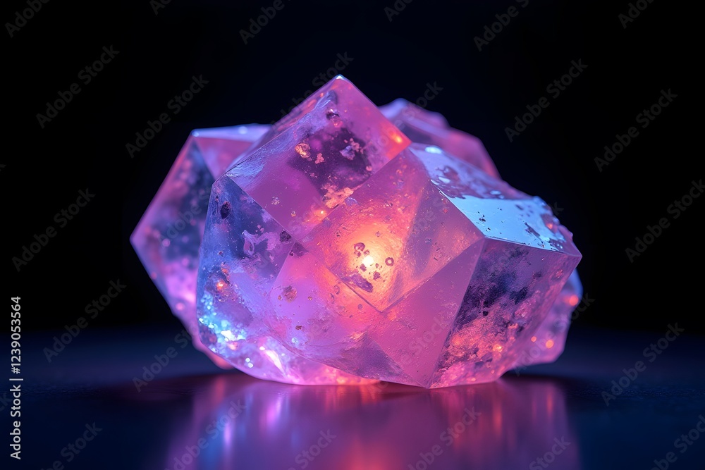 Glowing geometric crystal with pink and blue light effects on dark background Glowing geometric crystal with pink and blue light effects on dark background