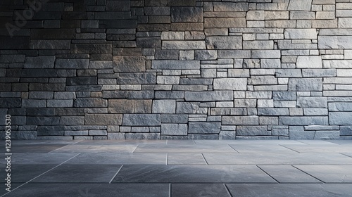 Minimalistic gray stone wall with rough textures paired with sleek tile flooring, ideal for contemporary design concepts