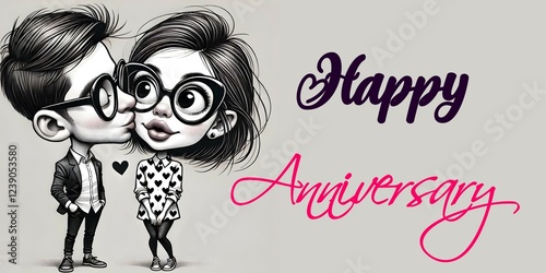 Happy anniversary text with whimsical caricature couple illustration valentine love romance
