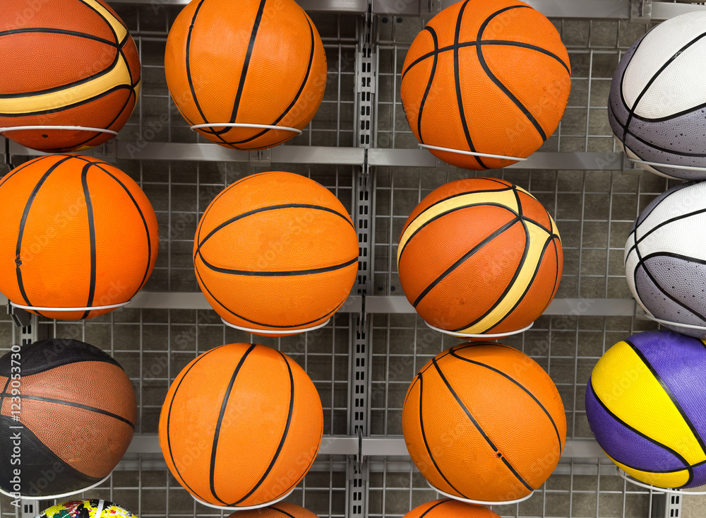 Obraz premium Close up picture of basketball game balls arranged in shelves in a store. Outdoor balls arranged in shelves in a store 