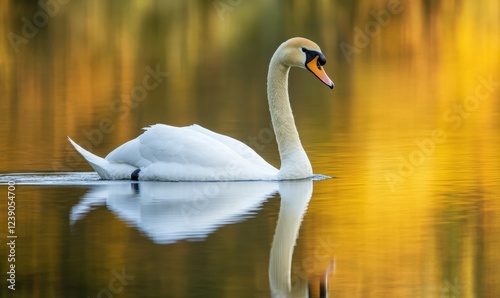 Fototapeta Naklejka Na Ścianę i Meble -  A beautiful white swan is gracefully swimming in the water during sunset