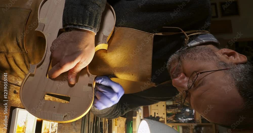 Luthier violinmaker artisan tamponing violin ribs in his workshop in Cremona, Italy