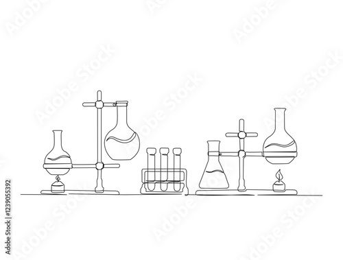 Continuous one line drawing of laboratory test tubes. laboratory equipment set in single line draw illustration. Editable stroke.