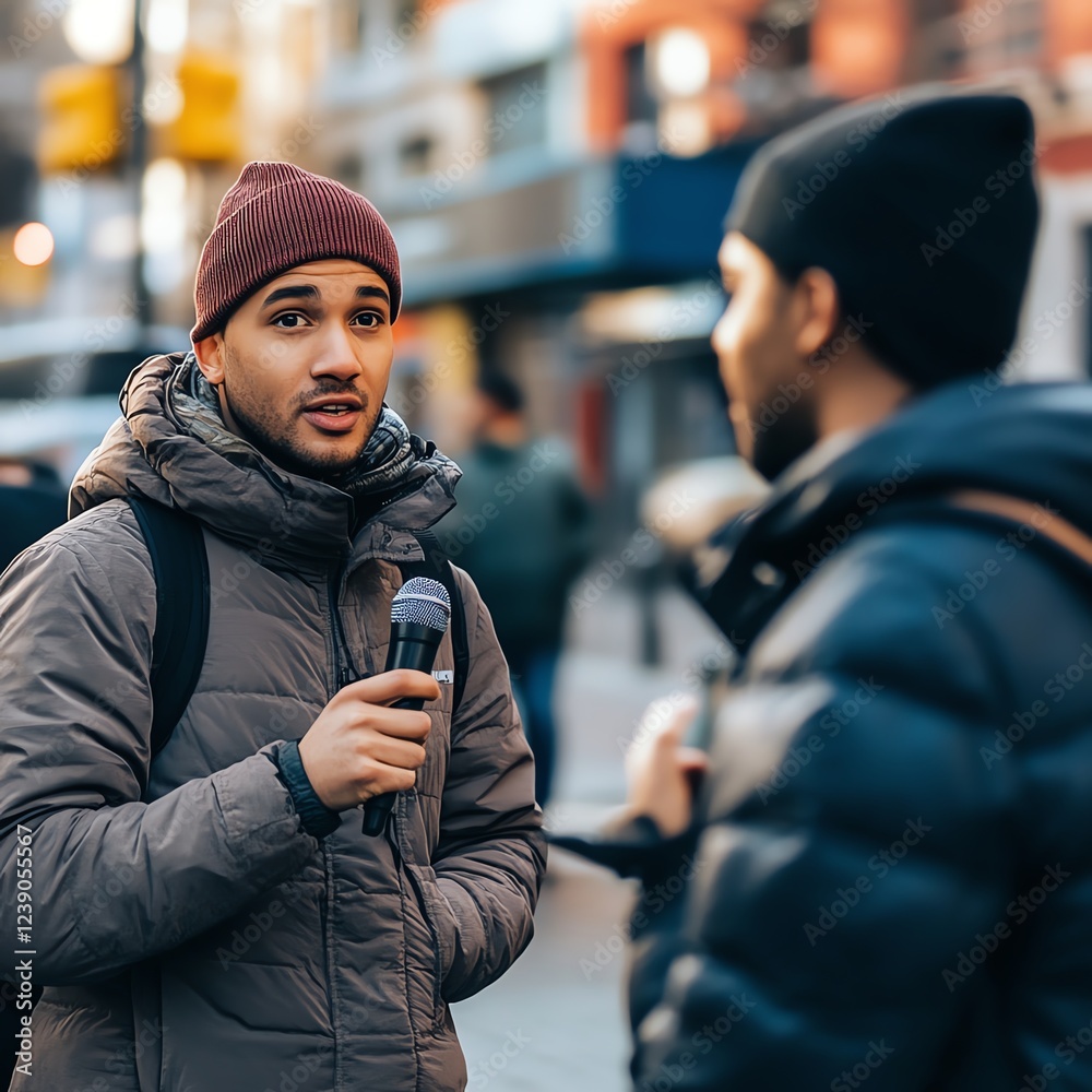 Man interviewing another person on a busy city street. Winter attire.