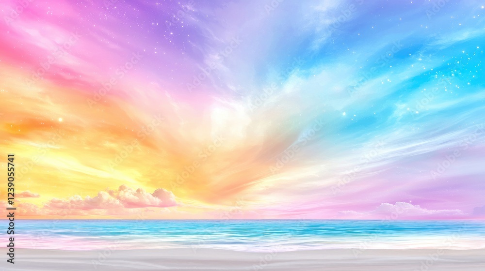 Obraz premium Pastel beach sunrise, ocean sky, calm waves, peaceful background, ideal for design