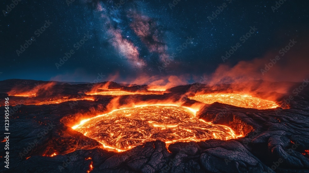 Naklejka premium Glowing Lava Flows Underneath a Starry Night Sky