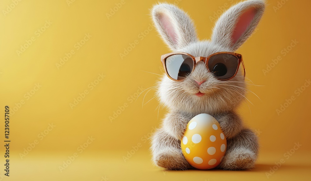 Fototapeta premium Cute fluffy bunny rabbit wearing sunglasses holds a speckled Easter egg against a solid yellow background. The bunny is digitally rendered with a slightly sparkly texture. The overall mood is