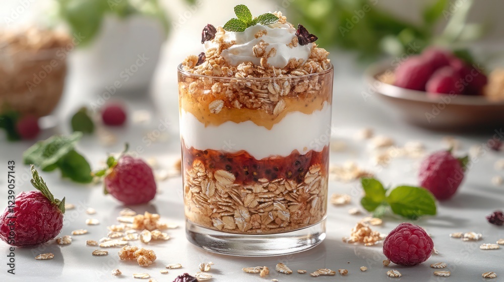 A modern Greek yogurt parfait with layers of yogurt, oats, and passionfruit pulp A modern Greek yogurt parfait with layers of yogurt, oats, and passionfruit pulp