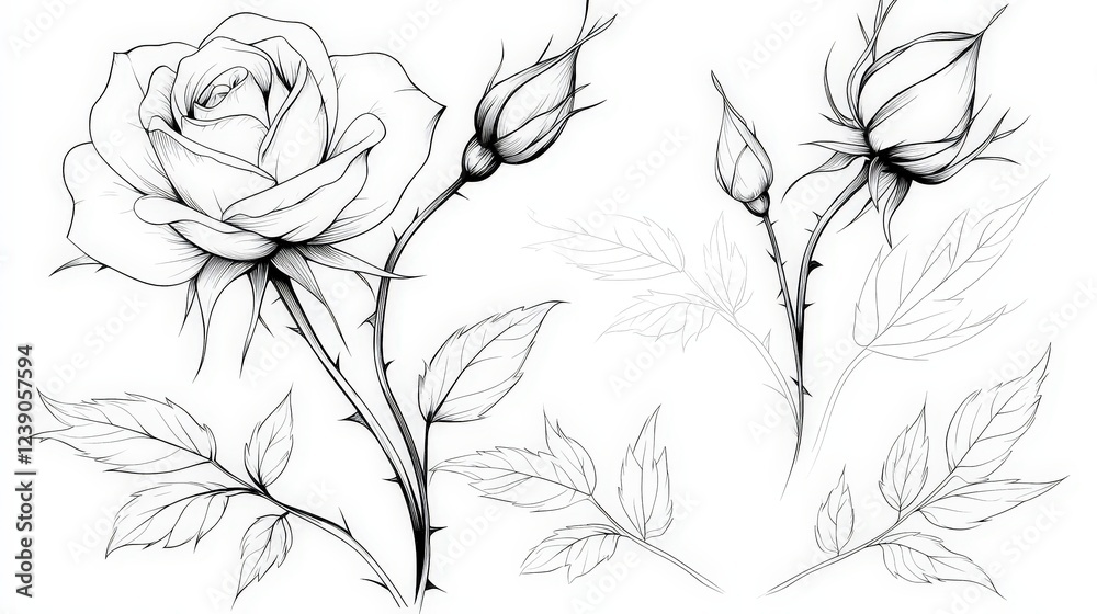 Fototapeta premium Hand-Drawn Black and White Rose Illustrations for Artistic and Creative Projects