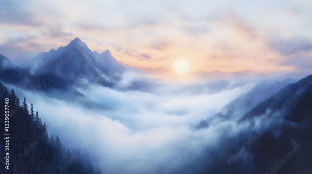 Serene mountain landscape at dawn, mist rising over valleys, soft pastel sky, ideal for calm nature themes and reflection. Serene mountain landscape at dawn, mist rising over valleys, soft pastel sky, ideal for calm nature themes and reflection.