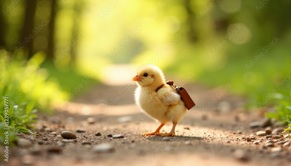 Chick with small backpack walking on a path in nature, baby chick Chick with small backpack walking on a path in nature, baby chick