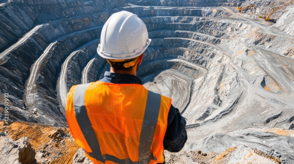 Worker standing on the edge of a massive open-pit mine, wearing safety gear and surveying the rugged landscape of the mining site Worker standing on the edge of a massive open-pit mine, wearing safety gear and surveying the rugged landscape of the mining site