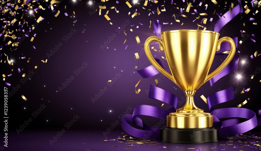 Golden Trophy on Purple Background with Confetti and Streamers Golden Trophy on Purple Background with Confetti and Streamers