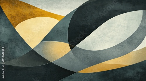 Abstract art with flowing, overlapping shapes in gray, gold, and beige.