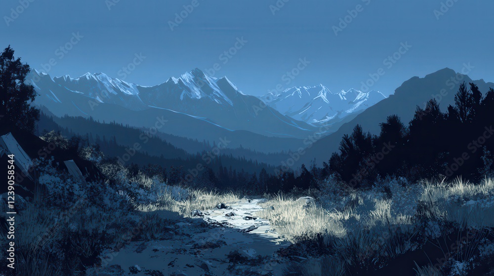 Obraz premium Serene Mountain Valley Path Underneath a Blue Sky