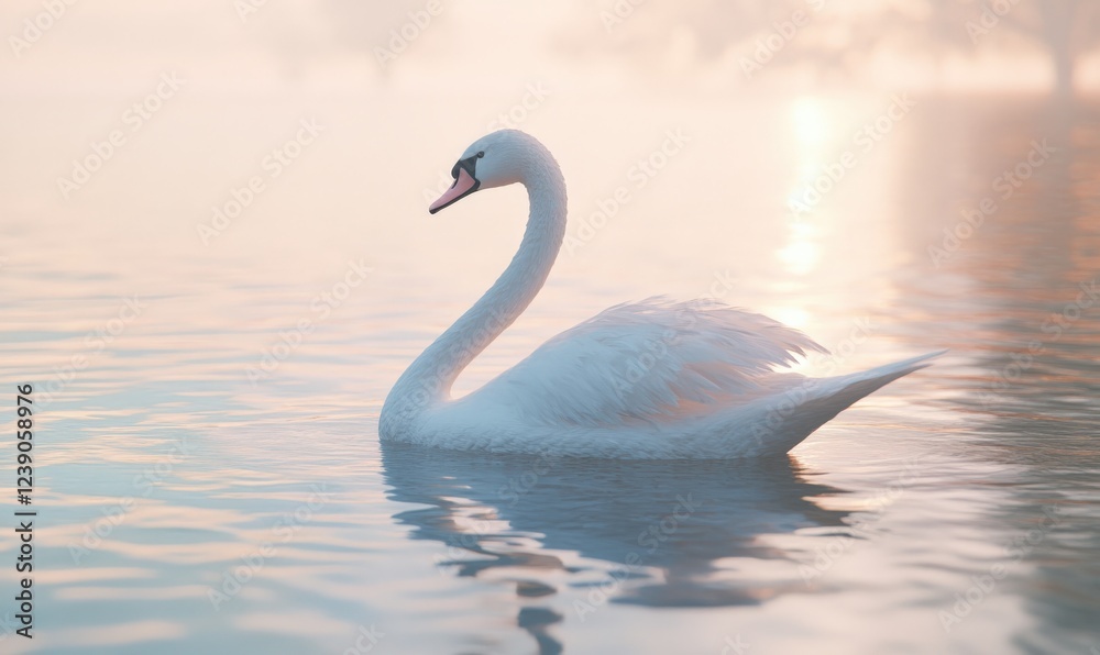 Fototapeta premium A beautiful white swan is gracefully swimming in the water during sunset