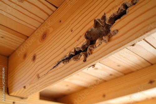 Damaged wooden beam with termite infestation exposing decayed structure