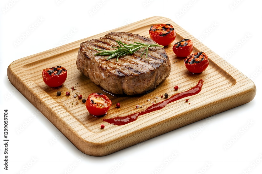 Grilled Steak with Rosemary Roasted Cherry Tomatoes and Sauce on Wooden Board Grilled Steak with Rosemary Roasted Cherry Tomatoes and Sauce on Wooden Board