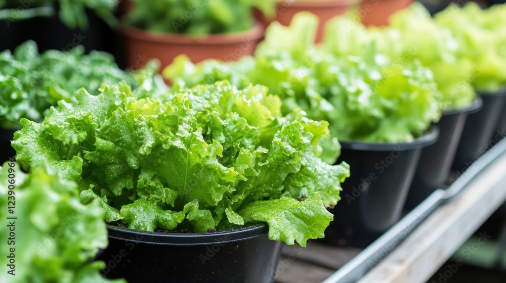 Rows of fresh green lettuce seedlings growing in black trays, ready for transplantation in garden Rows of fresh green lettuce seedlings growing in black trays, ready for transplantation in garden