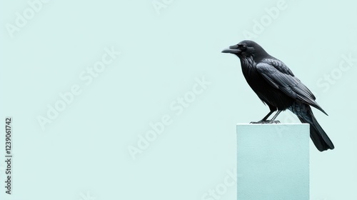 Black raven perched on minimalist white pillar against pale background photo