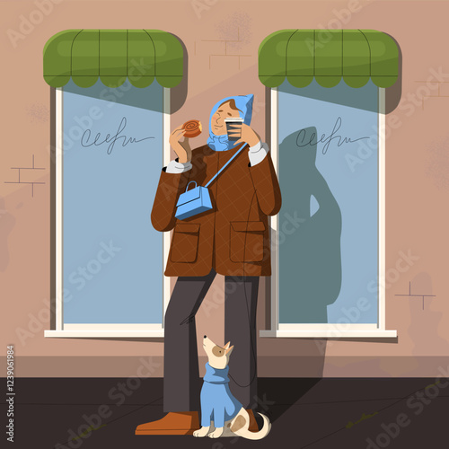 Woman walking cute dog on leash. Pet owner drinking coffee with bun outdoors with happy puppy. Companion puppy, doggie outdoors.
