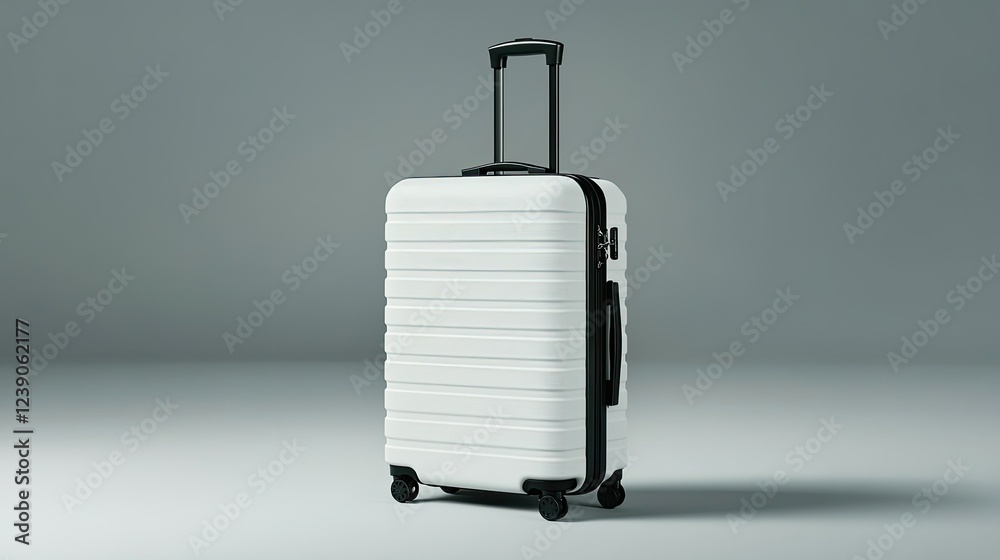 Contemporary white suitcase with sleek black features, highlighted on a neutral gray background for a modern travel theme. Contemporary white suitcase with sleek black features, highlighted on a neutral gray background for a modern travel theme.
