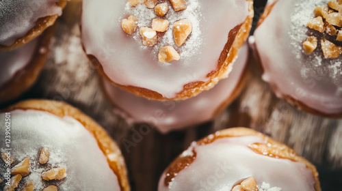 Pączki w proszku na ciemnym drewnianym stole, widok z góry.