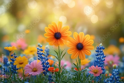 Vibrant Wildflower Meadow in Spring under Bright Sunlight photo