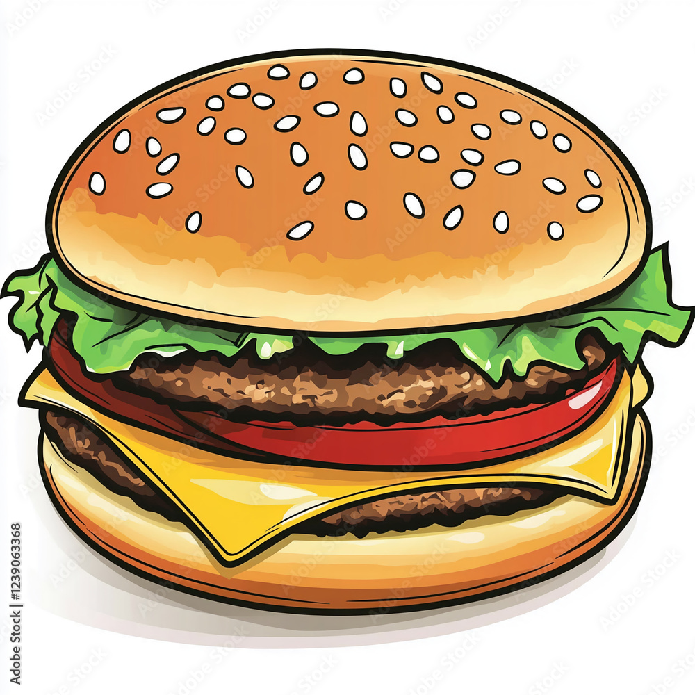 Mouthwatering burger with fresh lettuce, tomato, and cheddar cheese ready to enjoy at a summer picnic Mouthwatering burger with fresh lettuce, tomato, and cheddar cheese ready to enjoy at a summer picnic