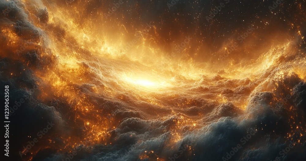 Fototapeta premium Vast Cosmic Landscape with Swirling Galaxy Bright Stars and Ethereal Light