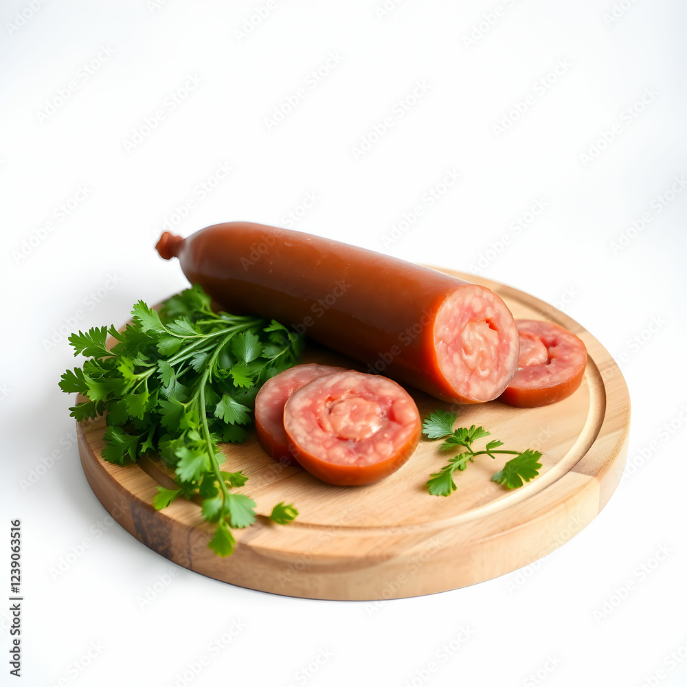 A flavorful raw sausage on the wooden board isolated on the blank background